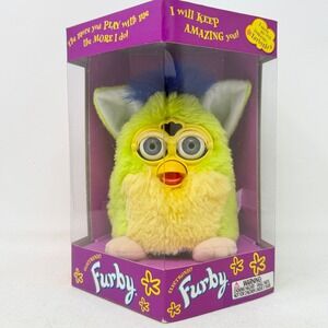 Furby Kiwi Lime Green, Yellow, Dark Blue Hair Gray Eyes 1999 Factory Sealed